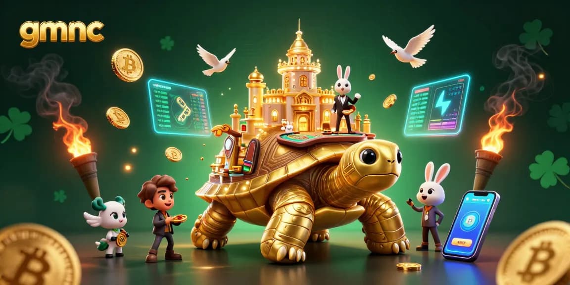 Engage with gmnc as a safe platform for checking online gambling sites featuring a cartoon golden tortoise and rabbit dealer illustration.
