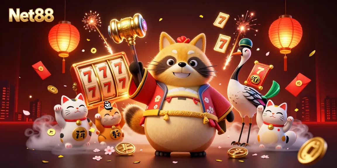 Experience exciting gameplay with Net88’s vibrant 3D illustration showcasing lucky symbols and characters.