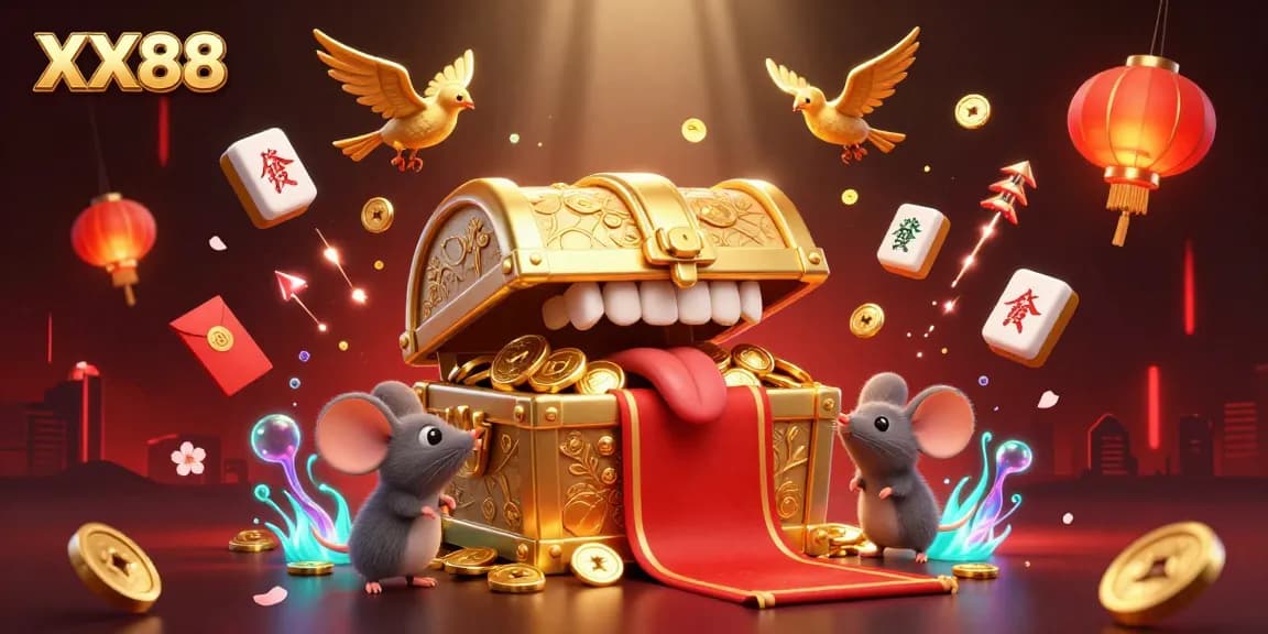 Experience the excitement of XX88 with adventurer mice and a golden treasure chest in a vibrant casino scene.