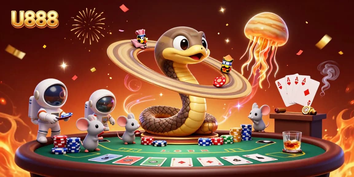 Experience U888's vibrant casino action with astronaut mice betting around a unique roulette wheel.