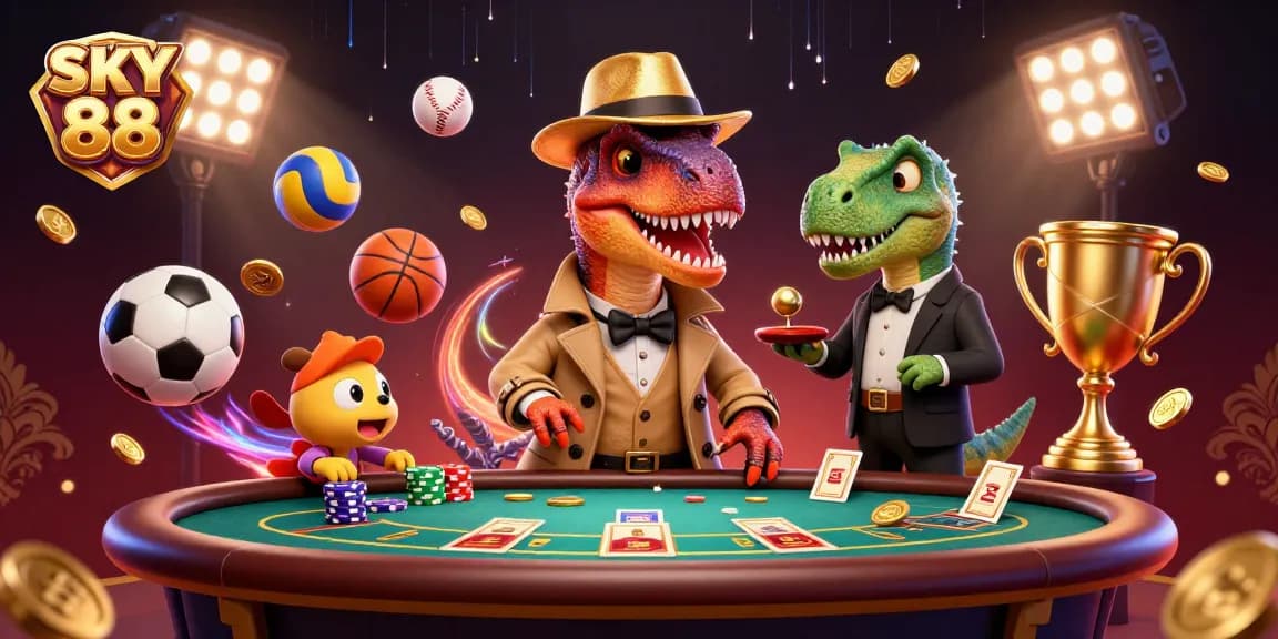 Witness a sly dinosaur at the blackjack table in SKY 88, navigating sports betting tactics amidst dynamic casino action.