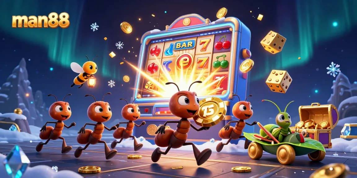 Join the man88 adventure with ants, a firefly, and a grasshopper in a vibrant casino heist scene.