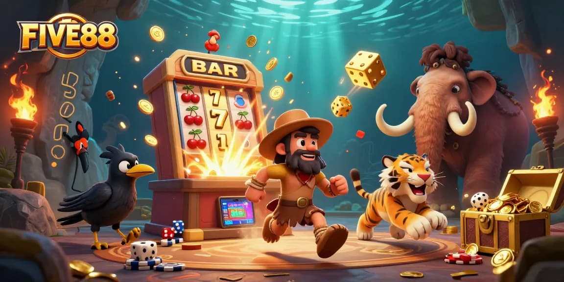FIVE88 captivates players with an ultra-detailed 3D casino scene featuring a caveman duo and a crow.
