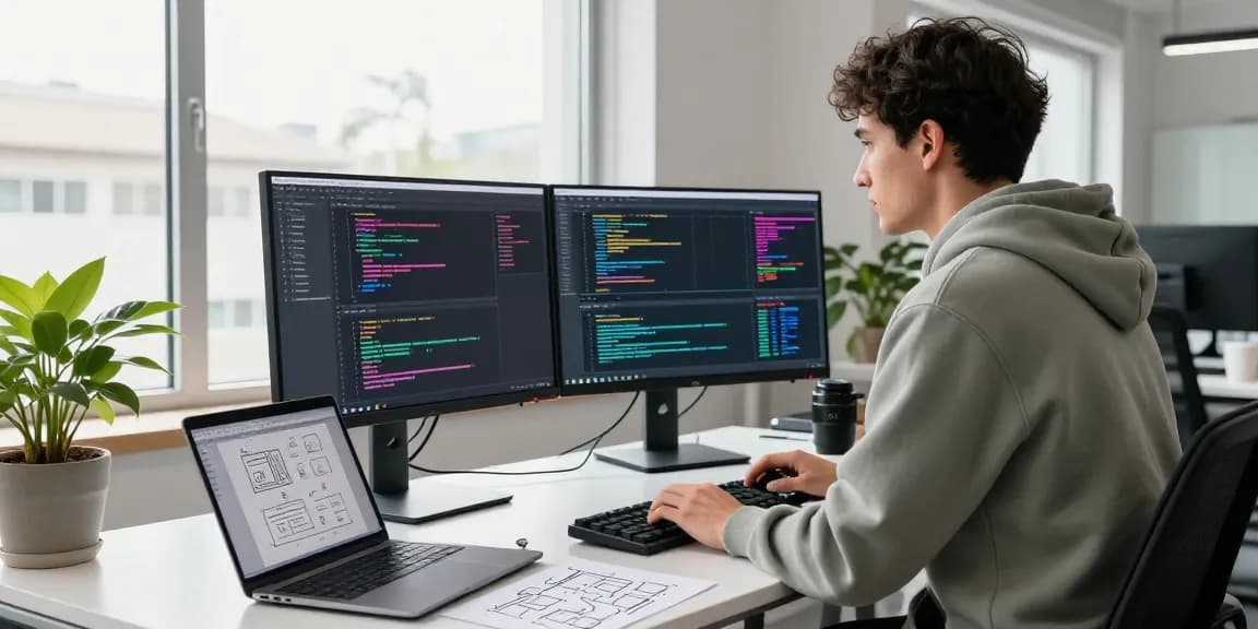 Dynamic coding environment showcasing machine learning tools with dual monitors, laptop, and vibrant workspace elements.