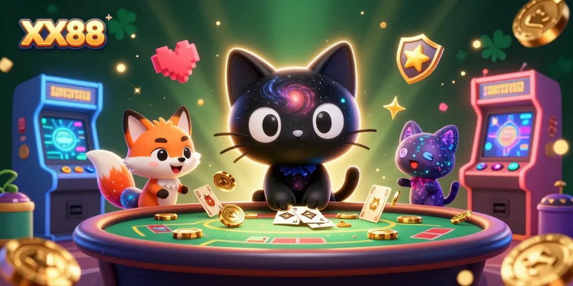 Win big at XX88's cosmic casino table with a black hole cat and nebula fox pulling in golden chips!