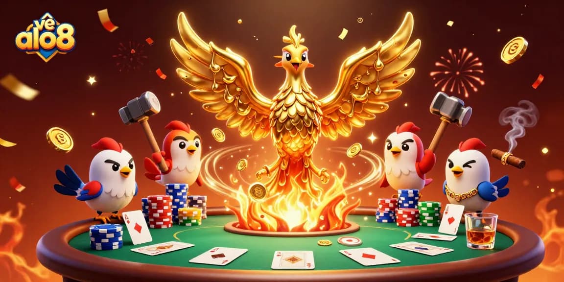 Experience the excitement of về alo8 with a dynamic casino scene featuring a molten phoenix and poker elements.
