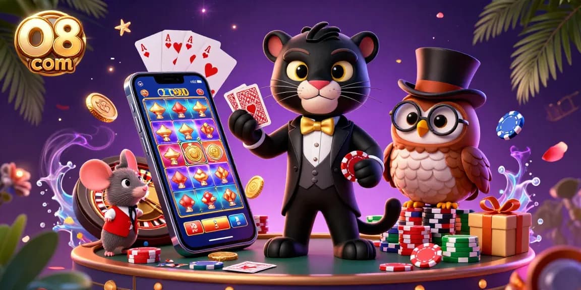 Engage in fun gameplay with O8 com featuring a panther dealer, owl, and lucky mouse at a vibrant casino scene.