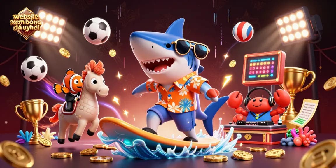 Engage with the website xem bóng đá uy tín through this vibrant 3D illustration of a shark surfing on gold coins amidst sports elements.