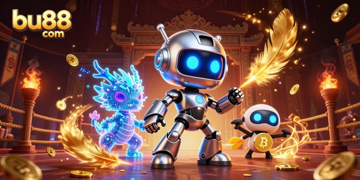 Spin the reels on bu88 com with a vibrant cyberpunk casino scene featuring a chrome robot and AI dragon.