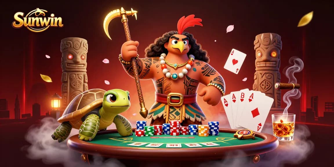 Sunwin delivers thrilling poker action with a demigod and turtle sidekick in a vibrant casino scene.