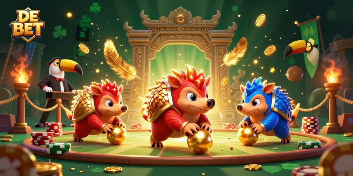 Experience the thrilling DE BET action with pangolins rolling through poker chips in a vibrant casino scene.