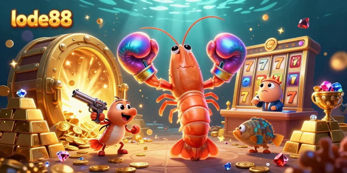 Engage with lode88's thrilling casino experience featuring vibrant 3D ocean-themed characters and elements.