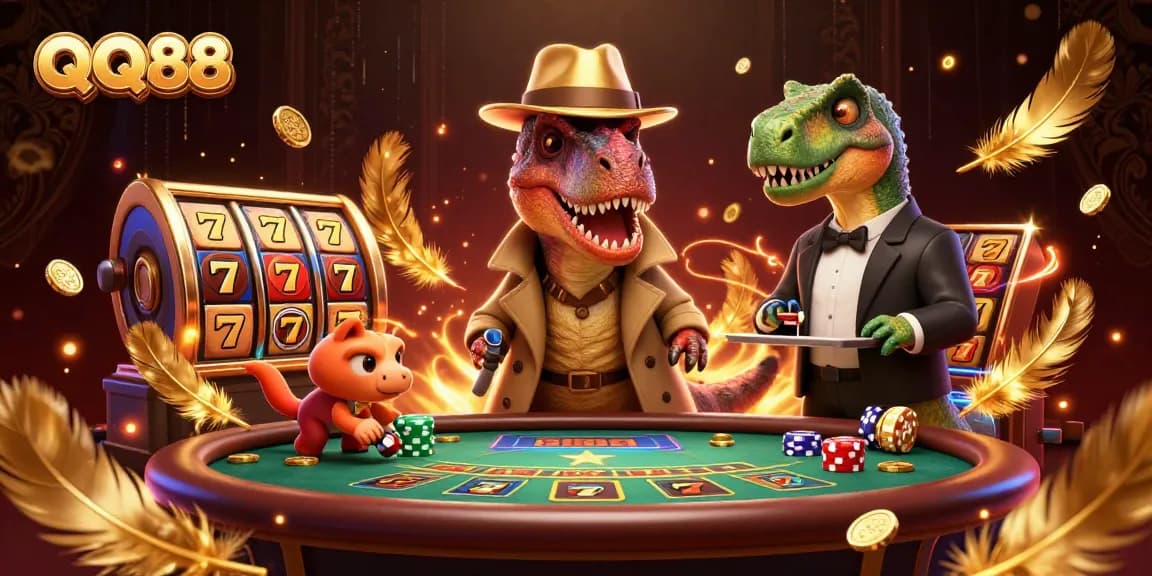 Engage with QQ88 casino excitement featuring a velociraptor card counter amidst a bustling blackjack scene.