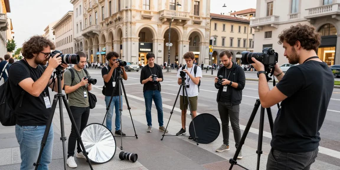 Corsi di Fotografia a Milano, studenti che apprendono tecniche fotografiche nelle strade urbane durante una lezione interattiva.