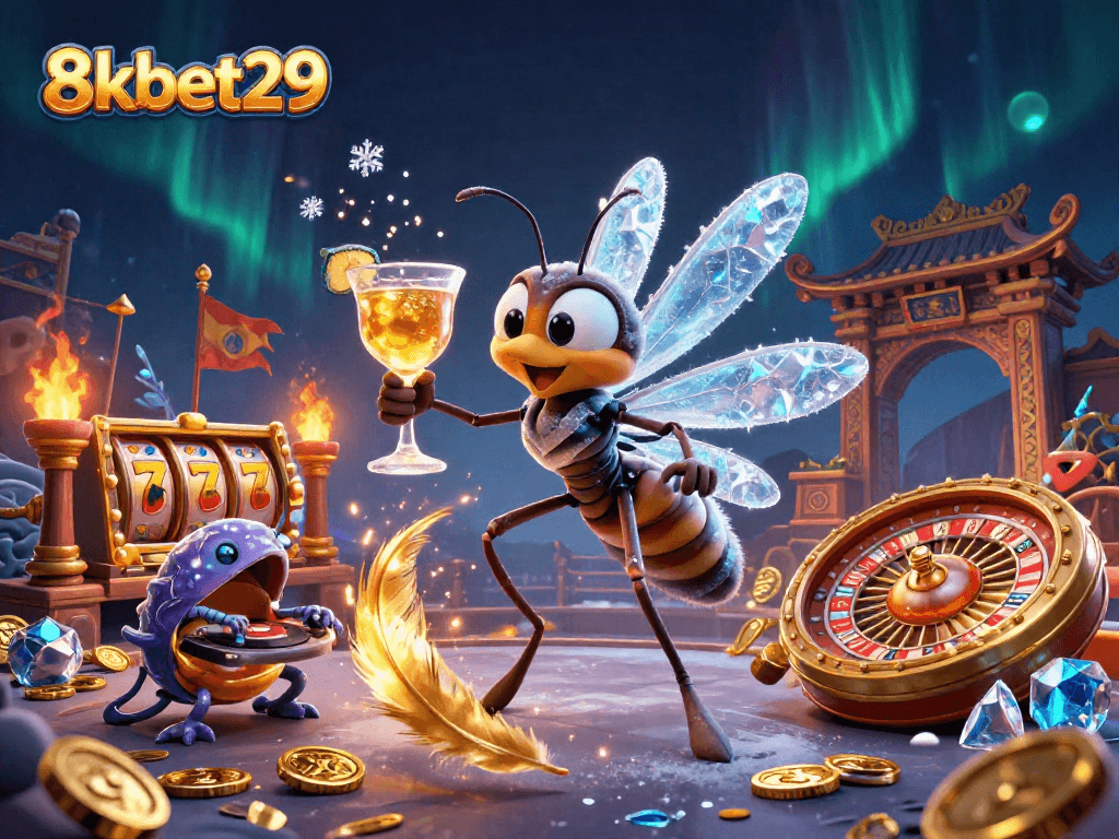 Engage with the excitement of 8kbet29 featuring dynamic casino elements like a roulette wheel and slot reels.