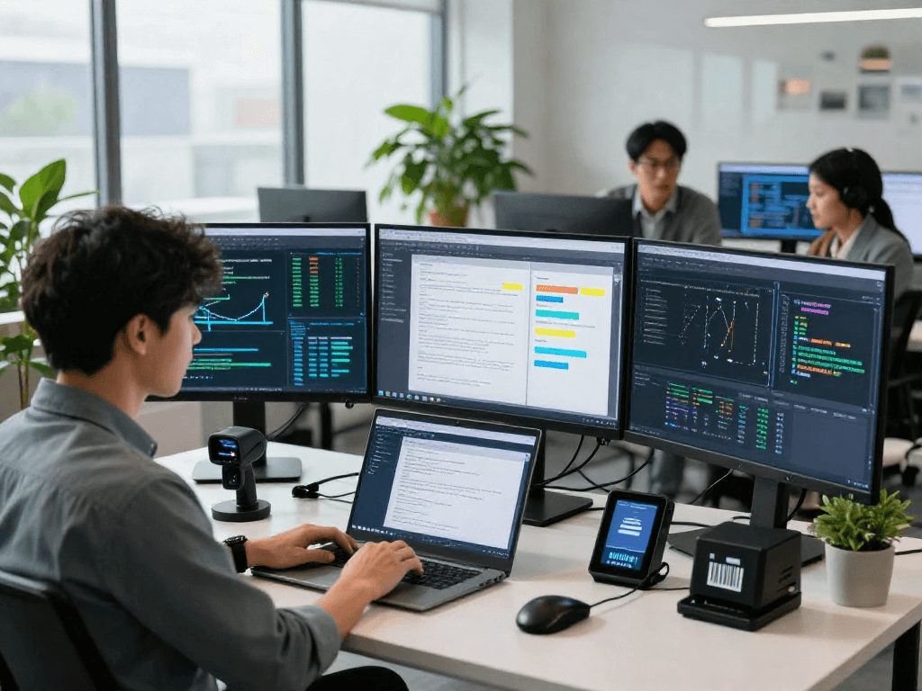 Advanced document fraud detection in a modern office setting, showcasing digital analysis and cybersecurity tools.