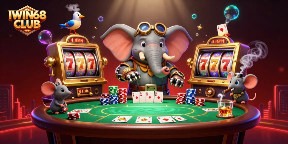 IWIN68 CLUB engages players in an intricate 3D steampunk casino world with vibrant poker elements.