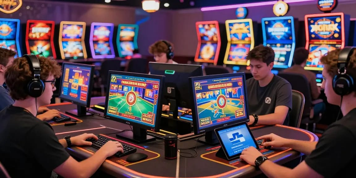 Giocatori che si divertono con vari giochi nei siti casino non AAMS, dalle slot machine ai croupier dal vivo in un ambiente digitale emozionante.