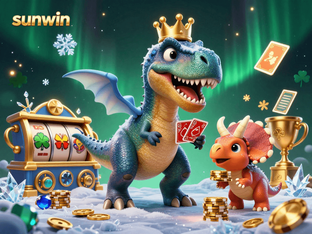 Experience sunwin with a playful T-Rex card dealer, exciting game elements, and vibrant casino action.