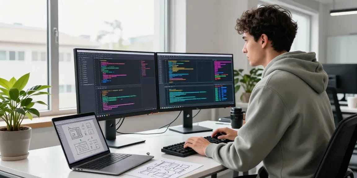 Dynamic coding environment showcasing machine learning tools with dual monitors, laptop, and vibrant workspace elements.