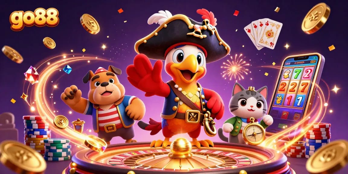 Engage with go88's exciting games as pirate characters celebrate winning spins and jackpots.