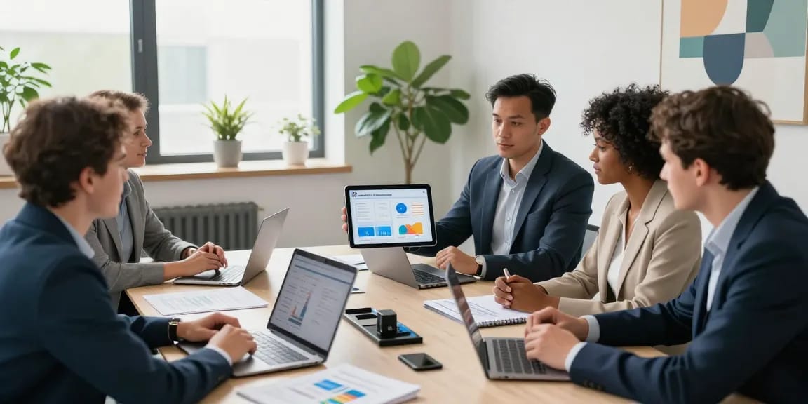 Team discussing business SIM only deals UK in a modern office environment with bright lighting.