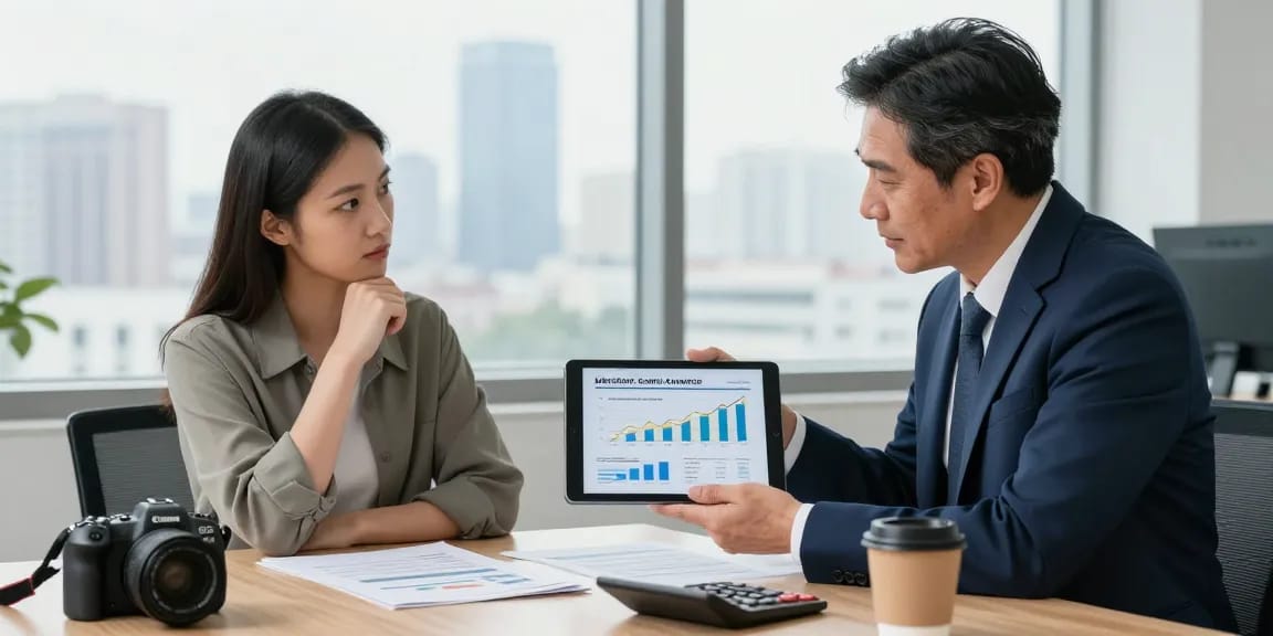 Consultant explaining merchant cash advance pros and cons to business owner in a financial office.