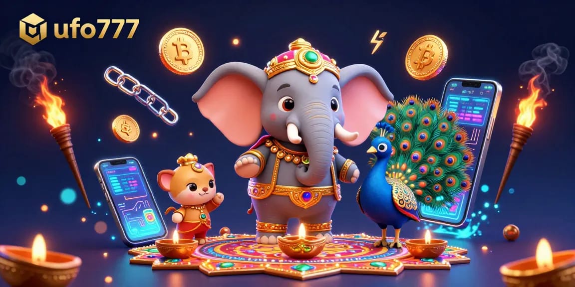 Play exciting games at ufo777 with a vibrant 3D scene depicting gambling elements.