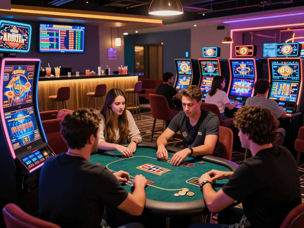 Crypto casino scene with players engaging in digital games amid vibrant lights and excitement.