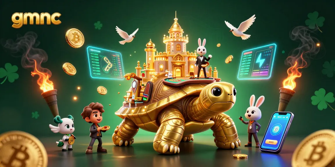 Engage with gmnc as a safe platform for checking online gambling sites featuring a cartoon golden tortoise and rabbit dealer illustration.