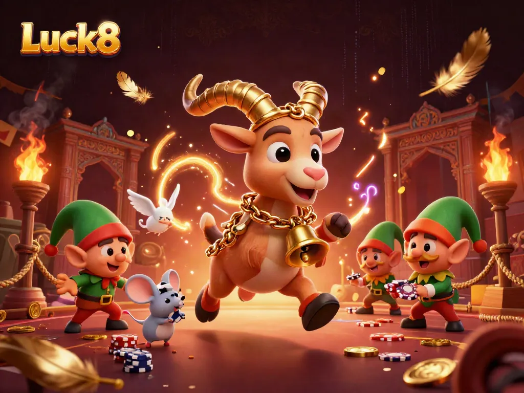 Enhance your Luck8 gambling experience with a lively casino scene featuring Krampus, an angel mouse, and playful elf gremlins.
