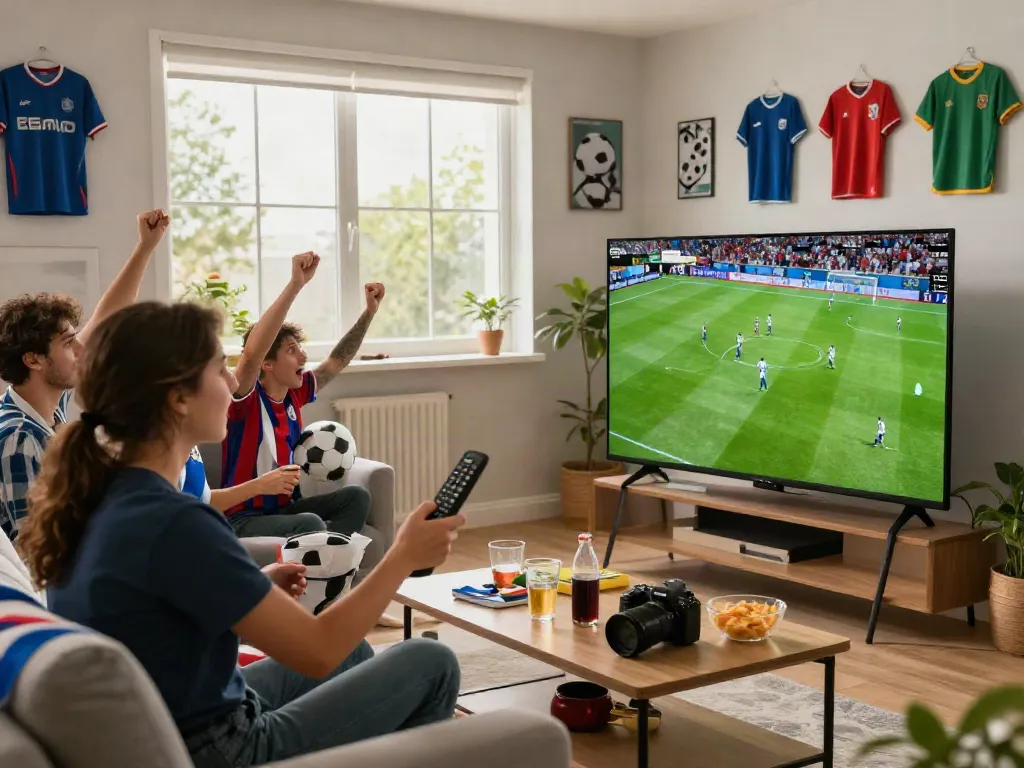 Exciting soccer match viewing on xoilactvx.me with friends in a vibrant living room.