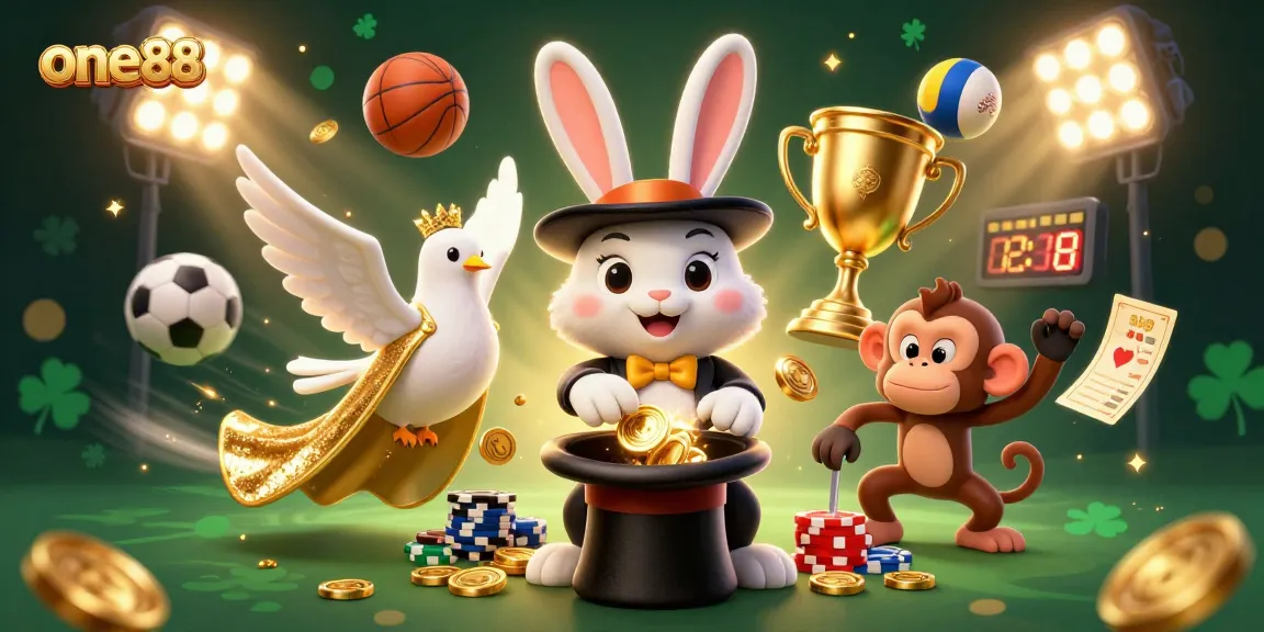 Experience thrilling gameplay with one88, featuring a magician rabbit, coins, and dynamic sports elements.