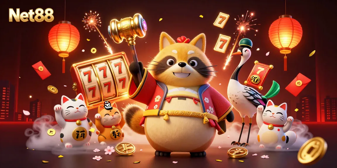 Experience exciting gameplay with Net88’s vibrant 3D illustration showcasing lucky symbols and characters.