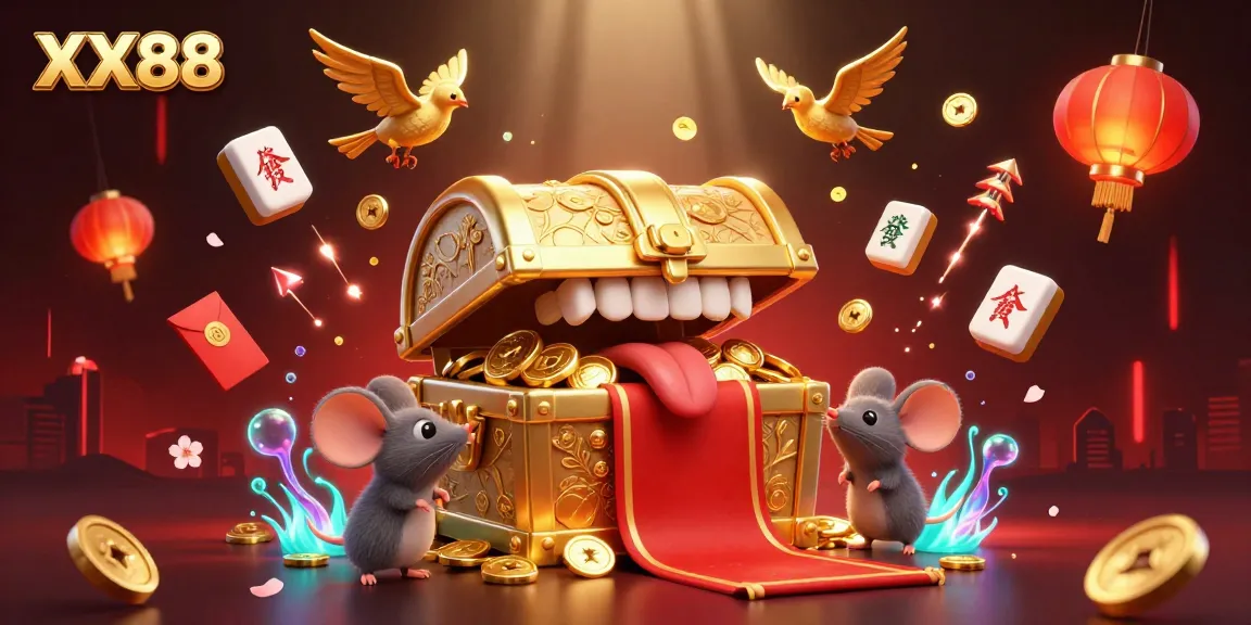Experience the excitement of XX88 with adventurer mice and a golden treasure chest in a vibrant casino scene.