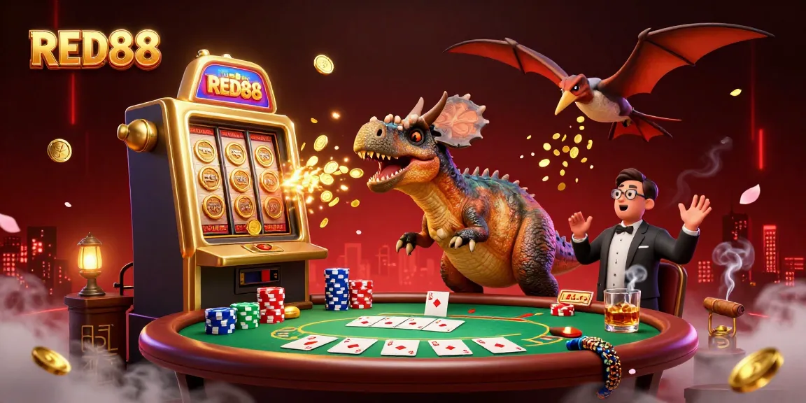 Watch the RED88 pachycephalosaurus shake the slots with jackpot coins amidst an energetic casino scene.