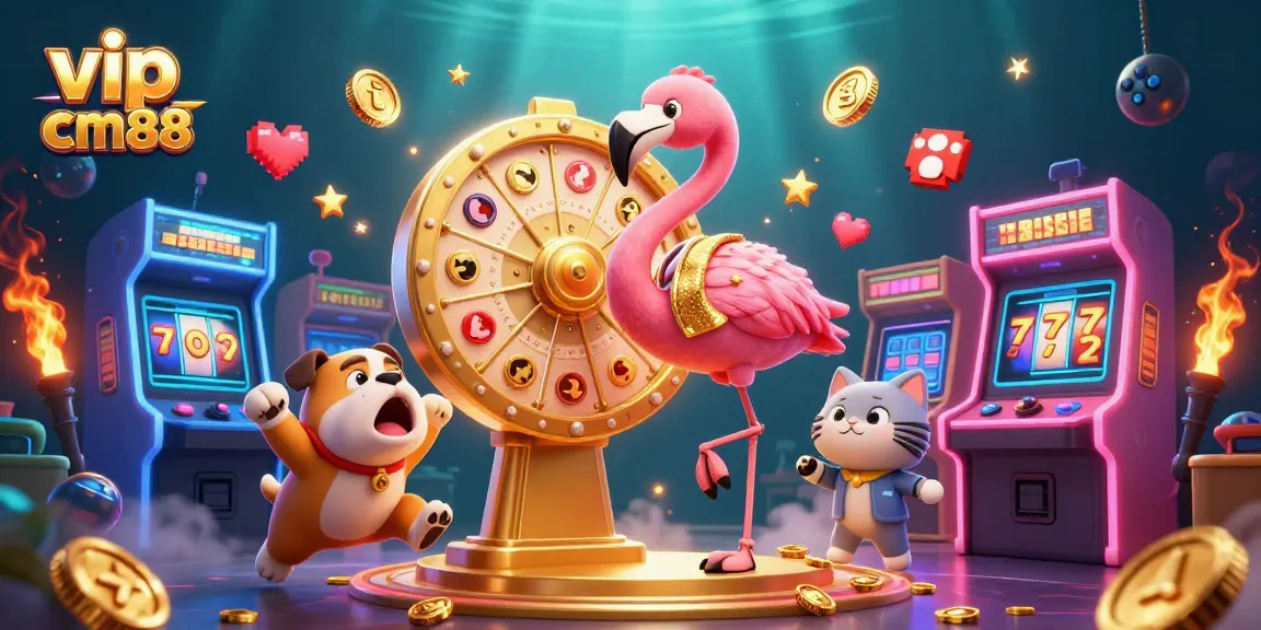 Spin and win with vip cm88 in a vibrant 3D casino game show scene featuring lively characters and prizes.