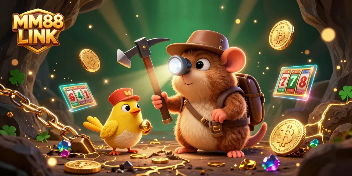 Experience thrilling gaming with MM88 LINK, featuring a treasure hunter and vibrant crypto elements.