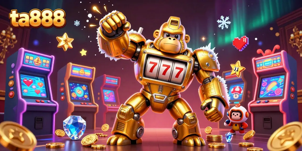 Engage with ta888 using gaming elements and a golden gorilla mech in a vibrant casino scene