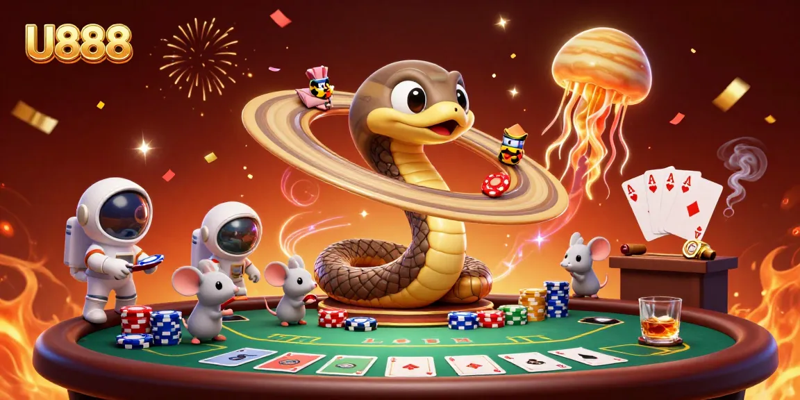 Experience U888's vibrant casino action with astronaut mice betting around a unique roulette wheel.