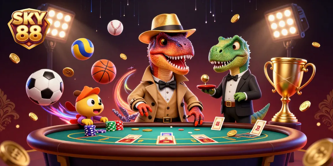 Witness a sly dinosaur at the blackjack table in SKY 88, navigating sports betting tactics amidst dynamic casino action.