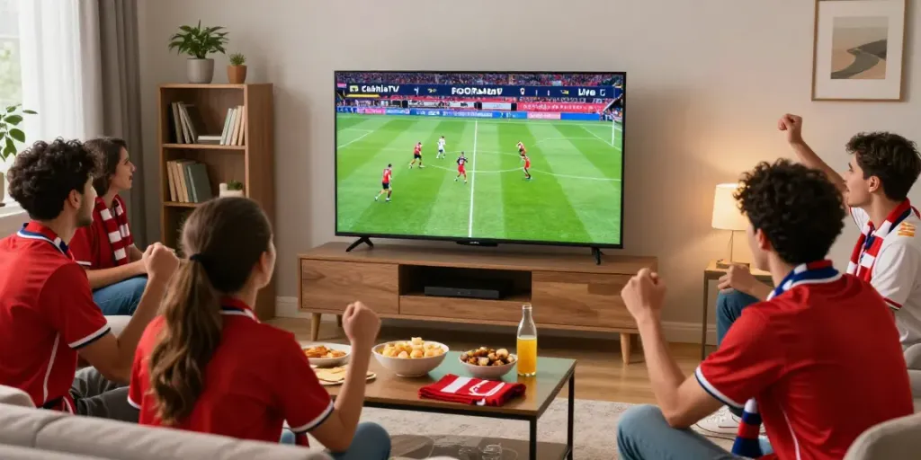 Group of friends enjoying a live match on CakhiaTV.team, showcasing excitement and community.