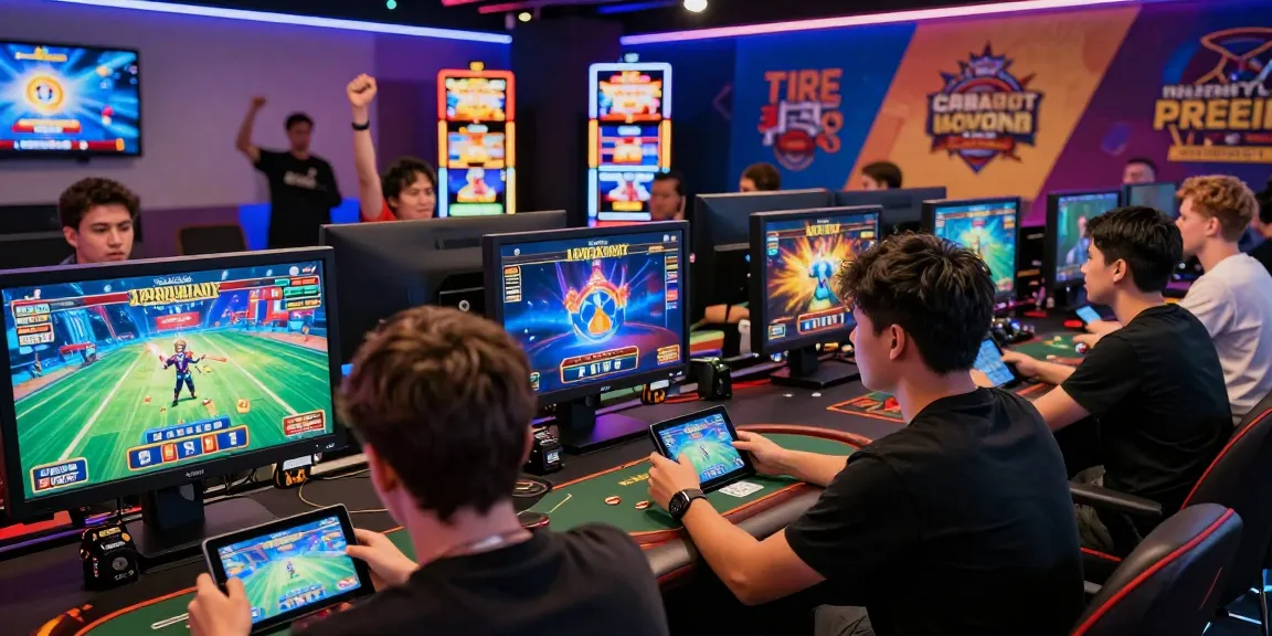 Exciting Sun win gaming scene with players engaged in poker, slots, and sports.