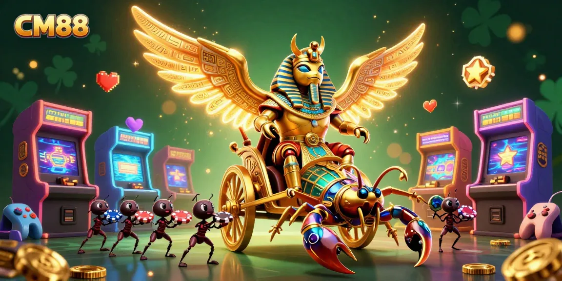 Win exciting games at CM88 with a vibrant 3D casino illustration featuring engaging characters and game elements.