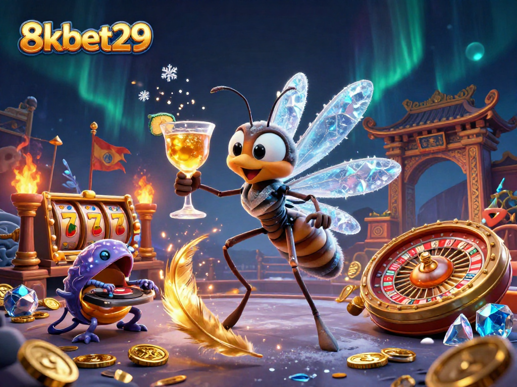 Engage with the excitement of 8kbet29 featuring dynamic casino elements like a roulette wheel and slot reels.