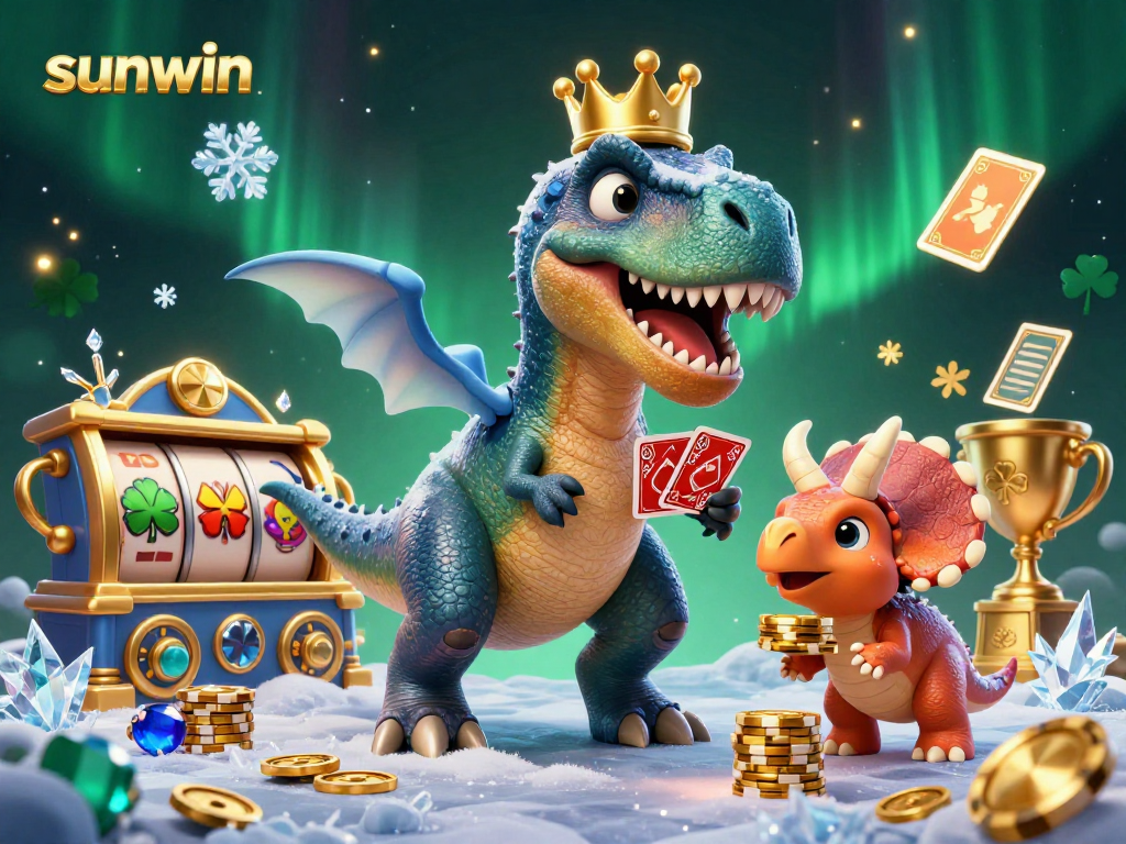 Experience sunwin with a playful T-Rex card dealer, exciting game elements, and vibrant casino action.