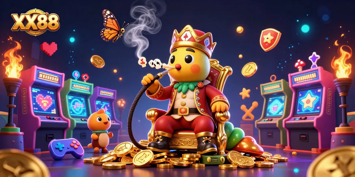 Engage in thrilling gameplay at XX88 with an extravagant caterpillar character overseeing a vibrant casino.