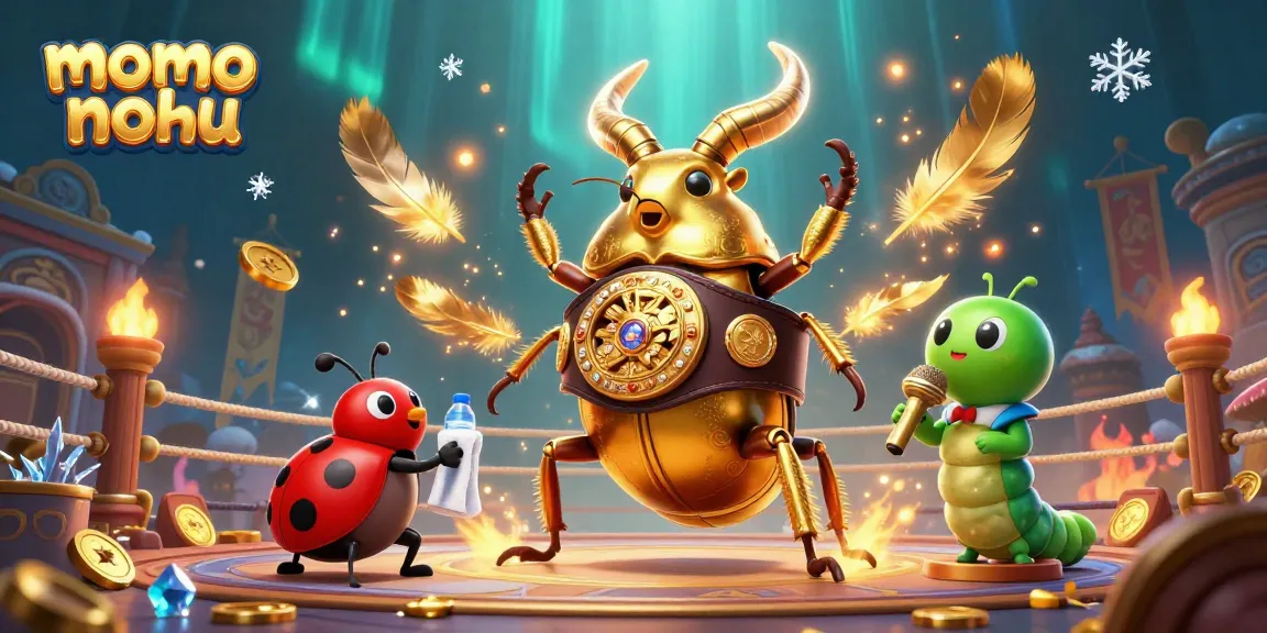 Spin to win with momo nohu as a vibrant scene unfolds with a golden stag beetle and betting tokens.