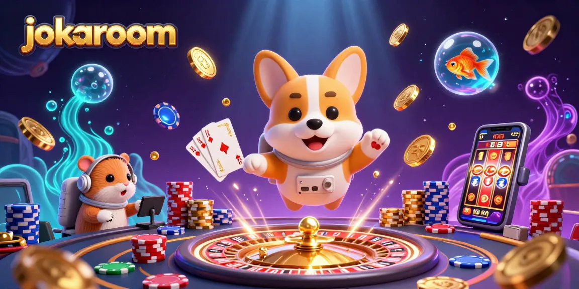 Play slots and win at jokaroom with a floating corgi and roulette wheel in a space casino scene.