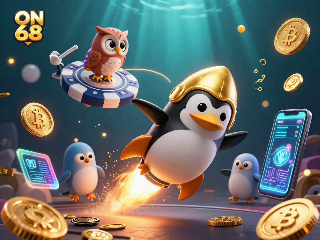 Players enjoy ON 68 with a dynamic 3D casino scene featuring engaging characters and crypto elements.